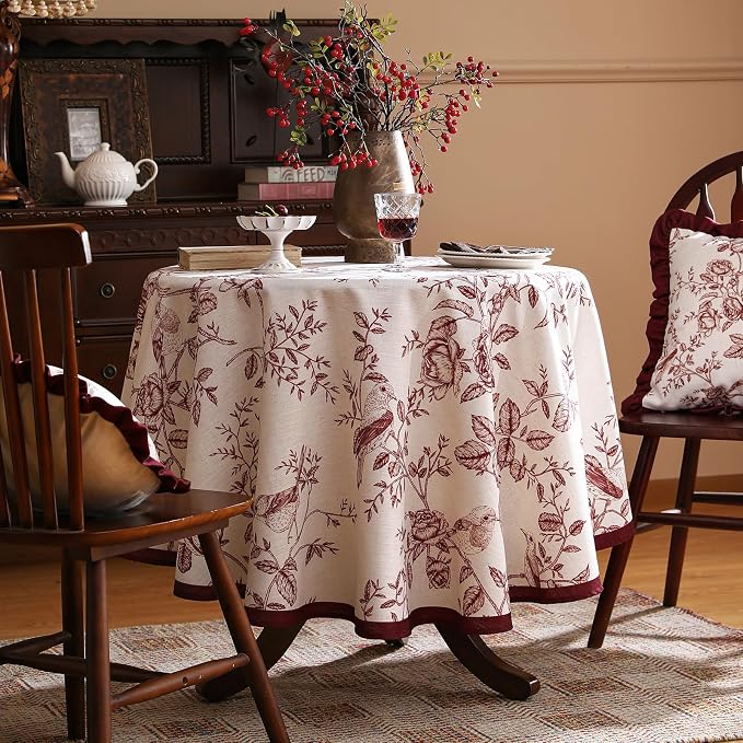 ISAENNE Designer French Linen Round Tablecloth,Diameter 67"-Harmony | Vintage Elegant Beautiful Decoration Table Cloth,Red Floral and Bird Pattern,Heavy,Dining,Tea Party,Kitchen,Thanksgiving