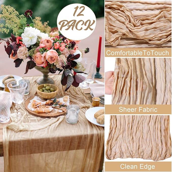 Foaincore 12 Pack Champagne Cheesecloth Table Runner 13Ft Boho Gauze Table Runner Rustic 157" Long Cheese Cloth Romantic for Wedding Bridal Baby Shower Arbor Decor
