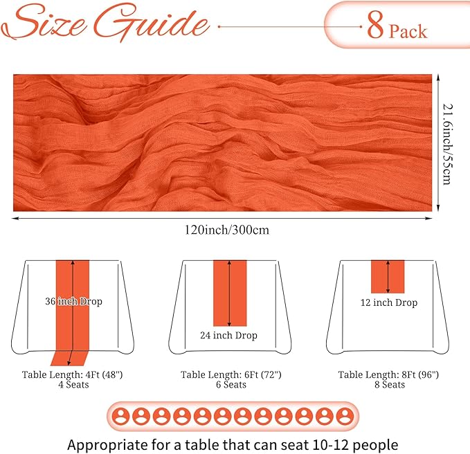 8 Pack Orange Cheesecloth Table Runner 10FT Boho Gauze Cheese Cloth Table Runner Rustic Sheer Fabric Table Runners for Wedding Bridal Shower Baby Shower Party(21.5×120 Inch)