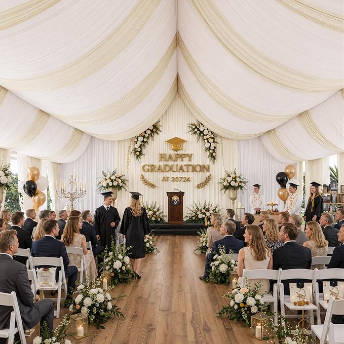 50ftx40ft Beige Ceiling Curtain for Wedding Parties – 10 Panels Wrinkle-Free 40 FT Long Tent Draping Curtains for Wedding, Birthday & Theme Parties, 40ft Height with Rod Pocket