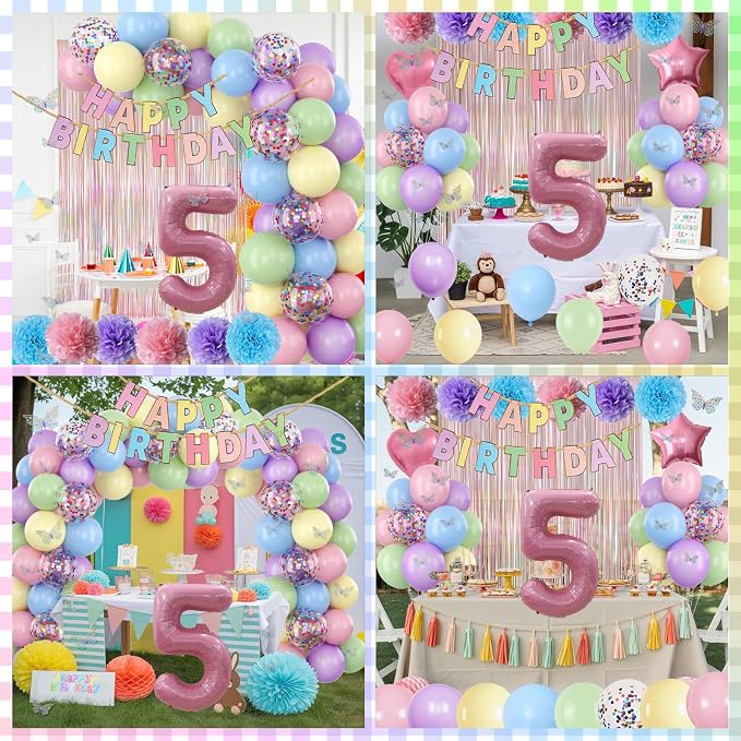 Pastel 5th Birthday Party Decorations for Girls Number 5 Balloon Happy Birthday Banner Butterfly Stickers Fringe Curtain Paper Pom Poms Macaron Pink Star Heart Foil Colorful Balloons 5 Year Old Decor