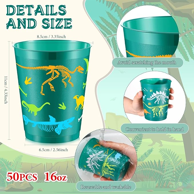 Lallisa 50 Pcs 16 oz Dinosaur Cups, Plastic Dinosaur Birthday Party Supplies Dinosaur Cups Tumbler for Dinosaur Party Favors Table Decorations