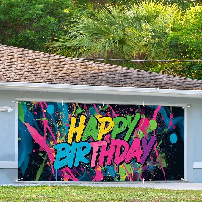 Neon Paint Splatter Birthday Backdrop 7x16ft Waterproof -Graffiti Garage Door Banner for Teen Party,Youth Photo Booth Background Wall Decor