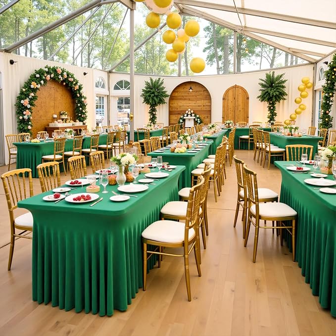 6 Pack Emerald Green Spandex Tablecloth for 6 Foot Rectangle Tables, Wrinkle Free Fitted Table Cloth Cover 6ft Green Stretchy Tablecloths with Skirt for Parties Weddings Birthday Banquet Baby Shower
