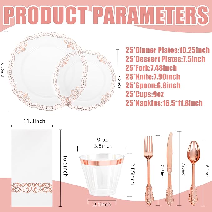 Ciaell 175 PCS Rose and Gold Plastic Plates - Fancy Rose Gold Disposable Dinnerware Set with of 50 Plates, 25 Knives, 25 Forks, 25 Spoons, 25 Cups, 25 Napkins for Wedding & Party & Mother's Day