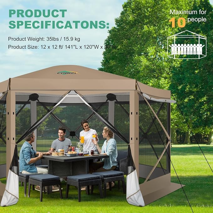COBIZI 12x12 FT Pop Up Canopy Extendable Tent, Gazebos On Clearance with Removable Roof, Screened in Gazebo with sidewalls, Screen Tents Portable carpas para Patio for Outdoor Camping,Backyard,Khaki