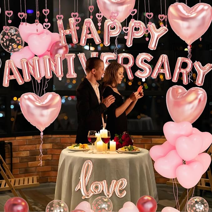 Anniversary Decorations, Happy Anniversary Balloons Banner, Pink Heart Balloons Heart Hanging String Pink Rose Petals for Wedding and Valentines Day Romantic