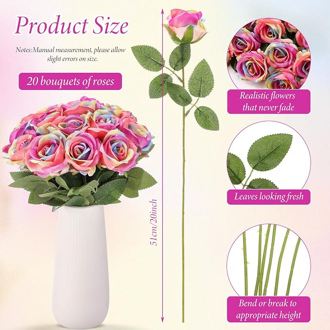 Hotop 20 Pcs Artificial Rose Flowers with Long Stem, Real Lifelike Silk Realistic Plastic Bouquet Roses Bulk for Home Decor Bridal Wedding Party Table Centerpieces Decorations(Rainbow)