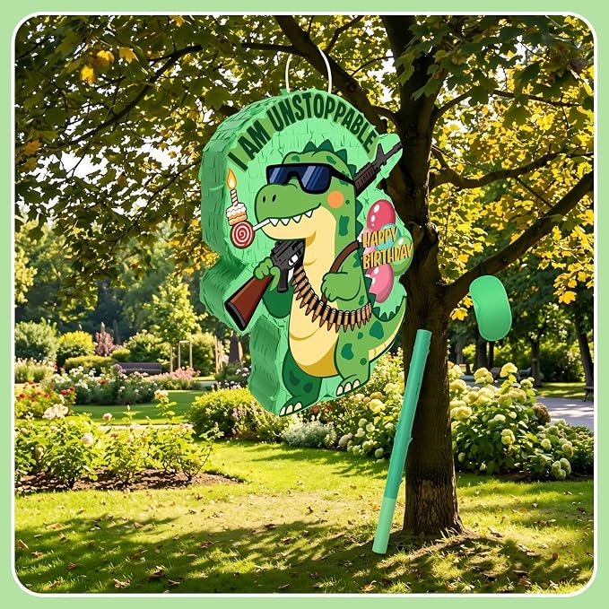 Dinosaur Piñata for Birthday Party, Dino Piñata Set with Blindfold and Baton, Pull String Pinata for Birthday Party Celebration