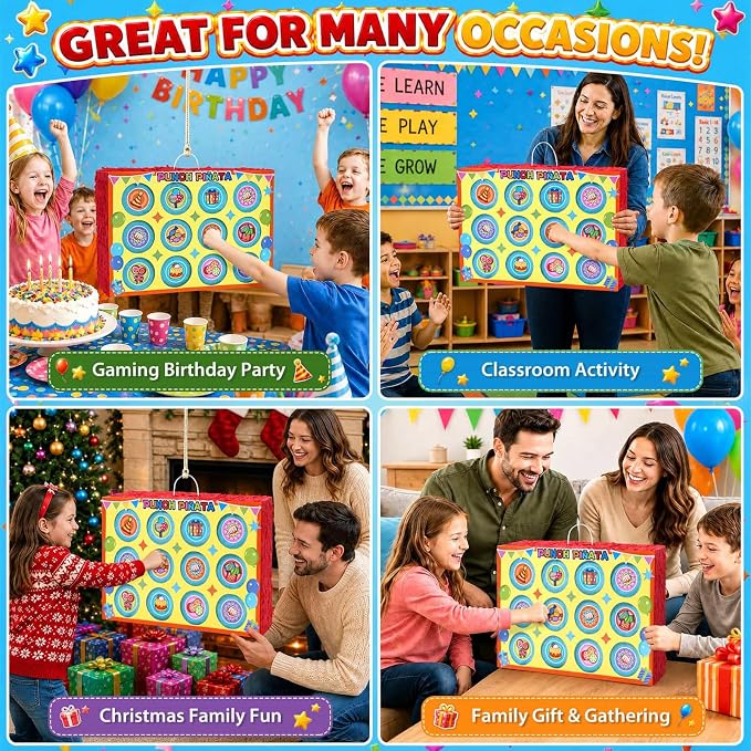 WERNNSAI Birthday Punch Piñata - Punch Box Piñata with 4 Sets of DIY Stickers & 4 Replacement Punch Papers, Hanging Surprise Game Supplies for Birthday Party, Family Gatherings, School Carnival Decor