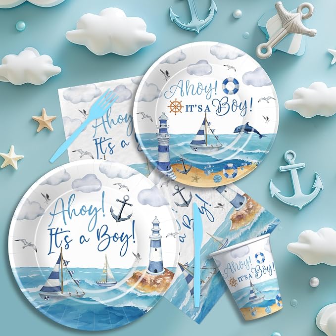 Ahoy Its A Boy Baby Shower Decorations Tableware - Nautical Baby Boy Decorations, Plate, Cup, Napkin, Disposable Cutlery, Anchor Nautical Party Supplies For Sailor Boat Baby Shower | 24 Guest