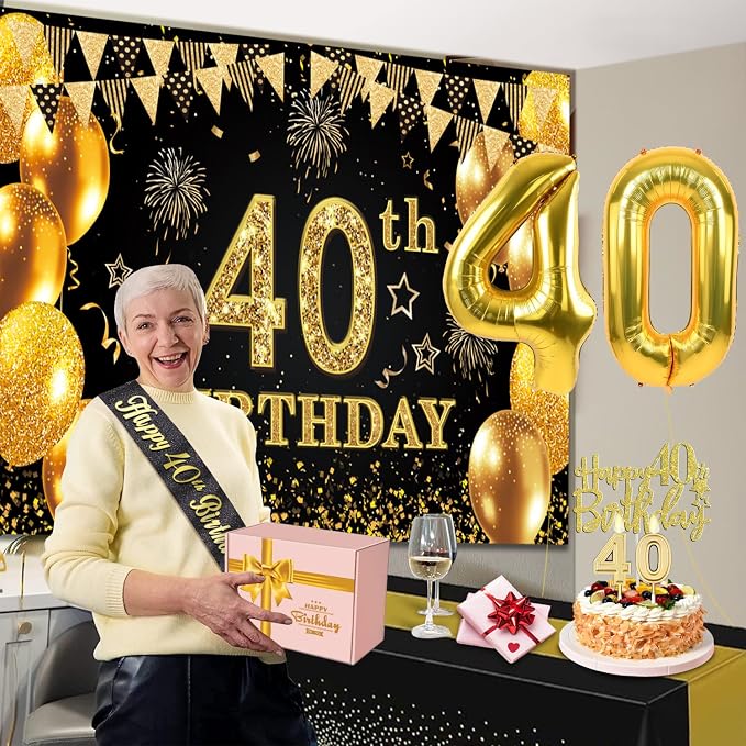 40th Birthday Decorations Men Women with 40th Birthday Banner, Black and Gold Table Cloth, Number Balloons,Large Sash, Cake Topper and Candles