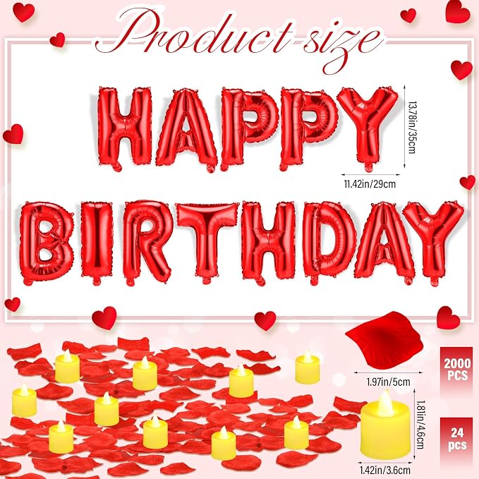 Red Happy Birthday Balloons Decorations Happy Birthday Letter Balloons Banner Set with 24pcs Round Flameless LED Candles and 2000pcs Artificial Rose Petals for Women Men Room Party Decor