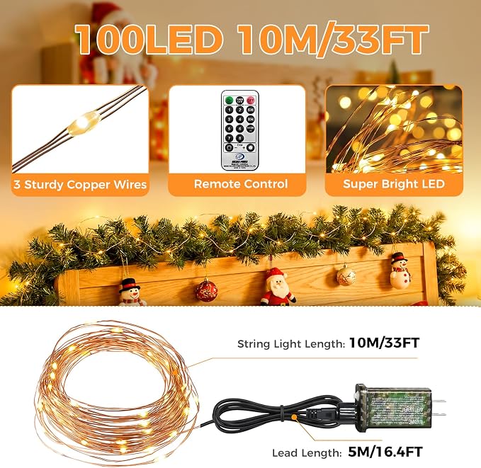 btfarm Fairy Lights Plug in with Remote, 33FT 100 LED Outdoor Twinkle Lights Waterproof with Timer, 8 Modes Indoor String Lights for Bedroom Patio Garden Wedding Christmas Decoration, Warm White
