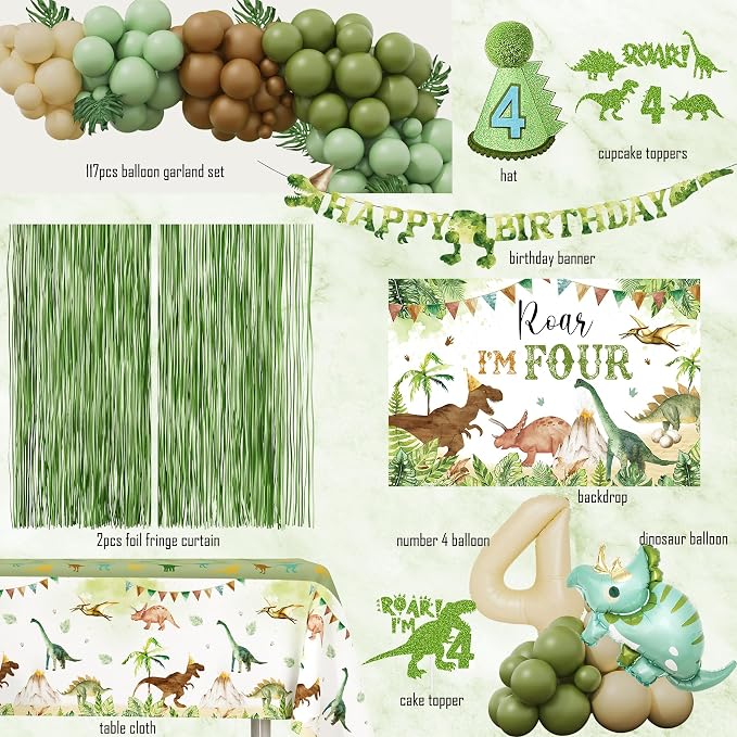 Dinosaur 4th Birthday Party Decorations, Roar I Am 4th Dinosaur Birthday Decoration, 4 Rex Party Supplies with Backdrop Tablecloth Fringe Curtain Balloon Arch Cake Topper Birthday Banner