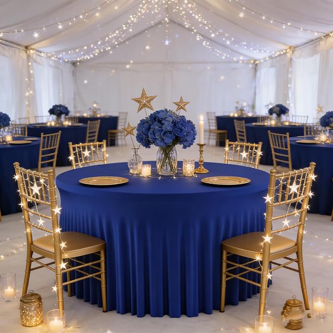 4 Pack Royal Blue 60 inch Round Spandex Tablecloth,Wrinkle-Free Stretchy Fitted 5FT Round Tables,Elastic Edge with Skirt,Washable Tablecloths for Wedding Banquet Party Birthday Buffet