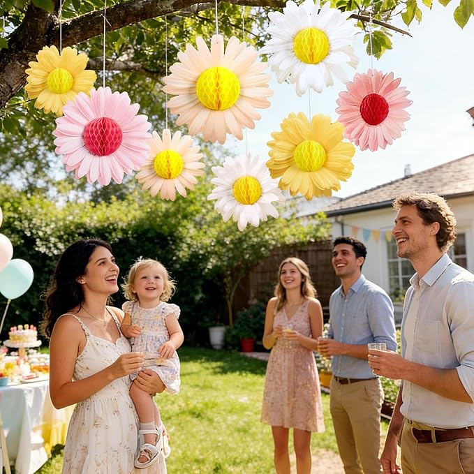SUNBEAUTY Daisy Flower Hanging Decoration 9Pcs Pink and Yellow Daisy Honeycomb Paper Flower Decorations for Spring Summer Wall Birthday Wedding Classroom Backdrop Garden Tea Party Decor