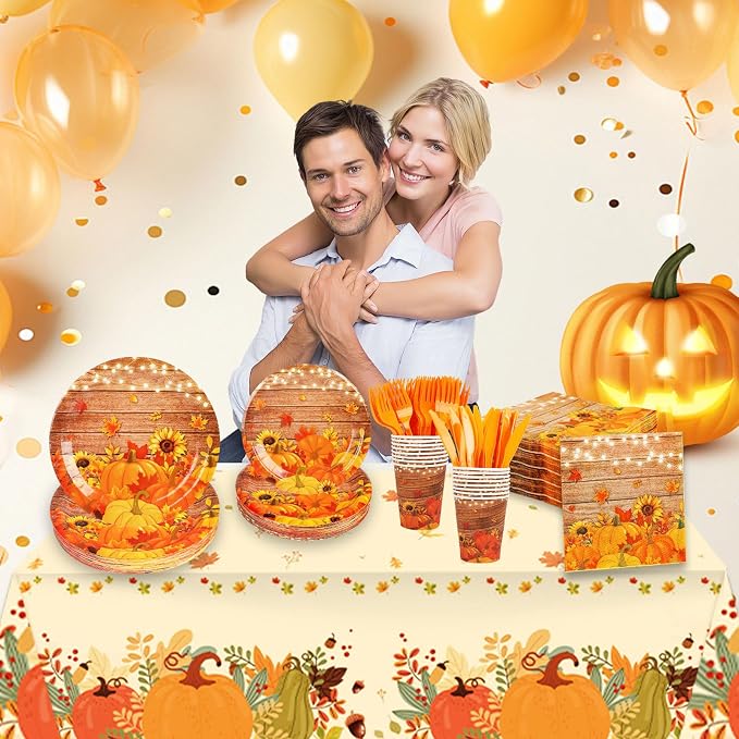 182pcs Fall Paper Plates and Napkins Set,Thanksgiving and Pumpkin Plates Disposable Dinnerware for Autumn Birthday Thanksgiving Party Decorations,Serve 30 Guests