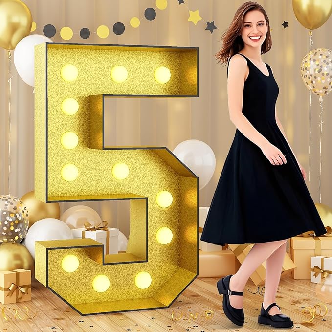 4FT Large Light Up Numbers 5, Gold Number 5 Marquee Frame Marquee Mosaic Numbers for 5th Birthday, Giant Light Up Number 4 Feet Tall DIY Frame Pre-Cut Foam Board Kit for Graduation Anniversary Party
