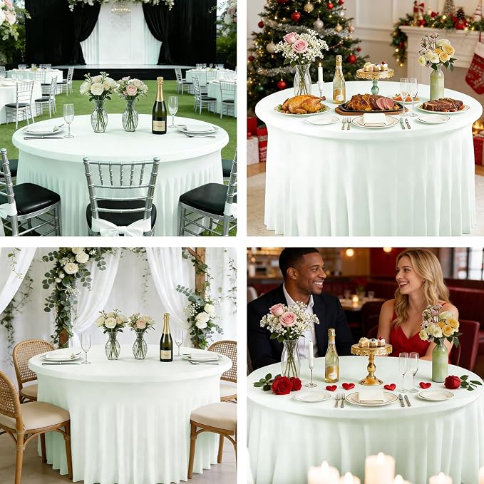 10 Pack Ivory Green Spandex Round Tablecloths for 60inch Tables, 120 Inch Stretchy 5ft Round Fitted Tablecloth Wrinkle Free Washable Table Cloths Covers with Skirt for Wedding Party Birthday Banquet