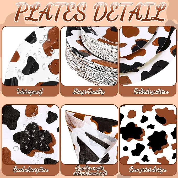 Potchen 452 Pcs Party Supplies Serve 50 Guests, Paper Plates Napkins Cups Cutlery Plastic Tablecloth Dinnerware for Birthday Wedding Party Decoration (Brown, Cow)
