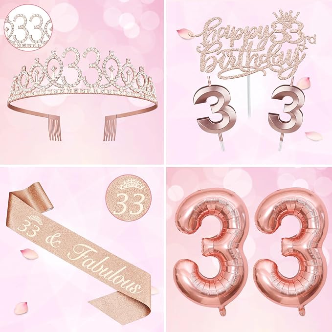33 Birthday Decorations for Women, Including 33rd Birthday Sash and Tiara, Cake Topper and Candles, Number Balloons, 33 Year Old Gifts for Women