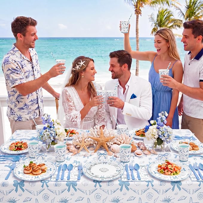 Vesici 452 Pcs Coastal Beach Party Supplies for 50 Guests Blue Bow Seashell 9” 7” Plates Napkins Tablecloth 9oz Cups Disposable Tableware Set for Summer Ocean Theme Birthday Baby Shower Decorations