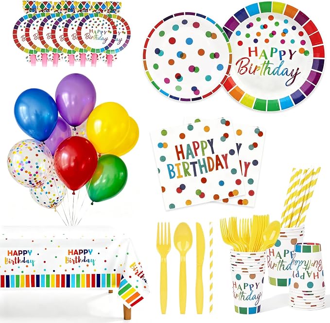 163pcs Colorful Happy Birthday Party Supplies Decorations Set-Rainbow Dot Design Disposable Tableware Kit with Plates,Napkins,Cups,Straw,Balloons,Party Blower,Tablecloth for Kids Boys Girls