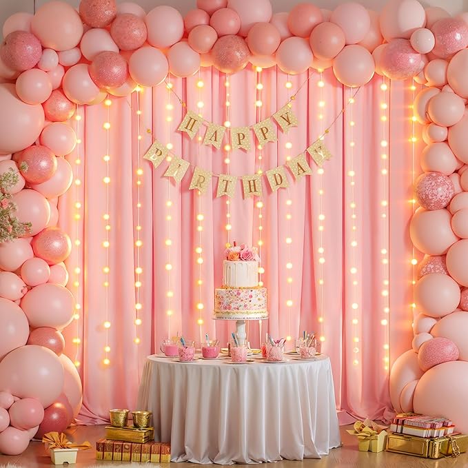 10x10ft Dusty Pink Backdrop Curtains with Lights Photo Drapes Wrinkle Free Fabric Backdrop Curtain for Wedding Birthday Party Baby Shower Bridal Shower Home Party Background Decorations