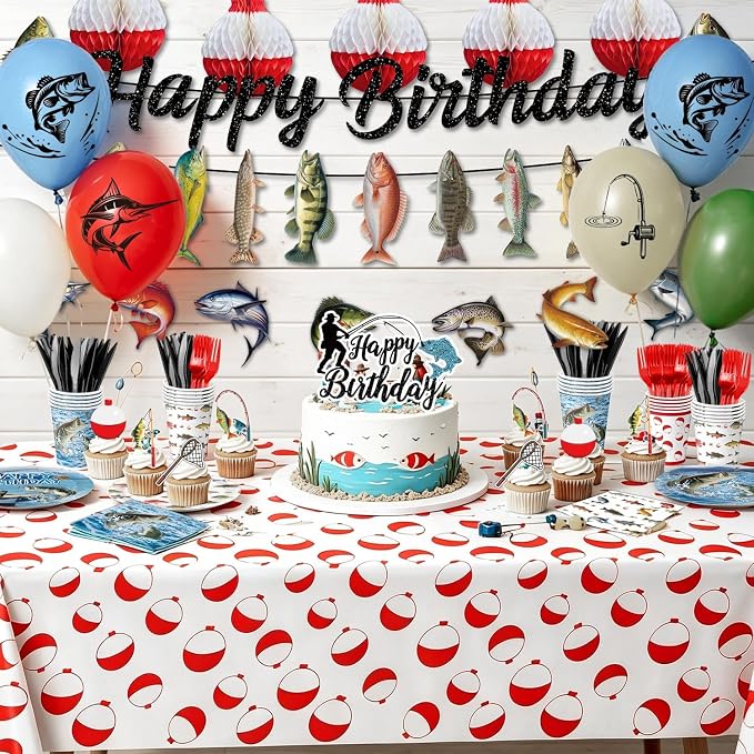 Fishing Birthday Party Decorations Kit with Plates, Napkins, Cups, Cutlery, Honeycomb Balls, Banner, Hanging Swirls, Tablecloths, Toppers, Balloons for Ofishally One Birthday Decorations, Serves 24