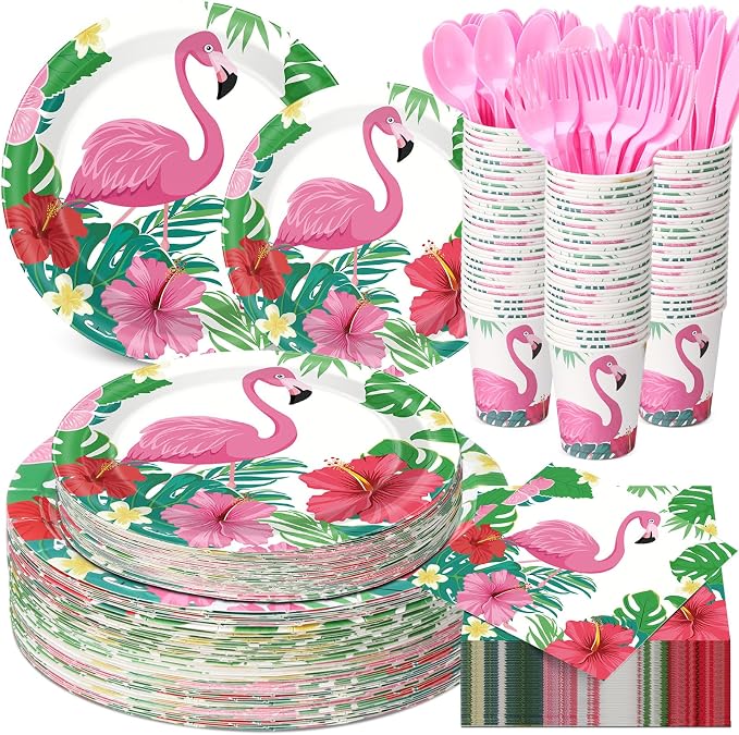 Funnymoom 400 Pcs Hawaii Flamingo Party Supplies for 50 Guests Tropical Flower Disposable Plates Napkins Cups Spoons Forks Knives for Summer Beach Birthday Hawaii Decorations