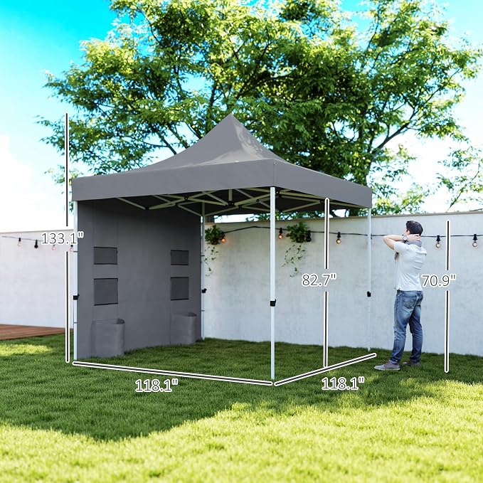 Outsunny 10' x 10' Heavy Duty Pop Up Canopy Tent with Sidewall and Trash Bags, UPF50+ Instant Sun Shelter, Height Adjustable, with Wheeled Bag, Sand Bags for Outdoor, Patio, Gray