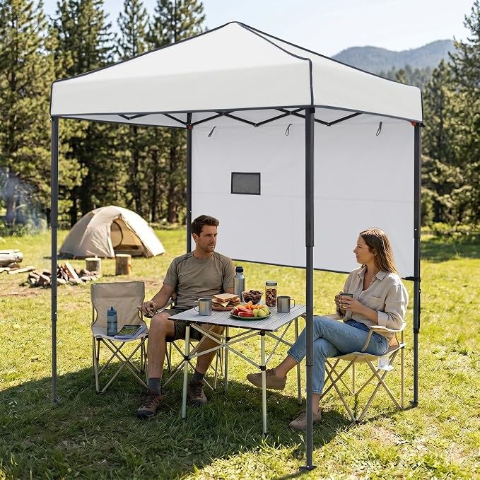 EAGLE PEAK 6x4 Instant Pop Up Canopy Tent with 1 Half Wall Panel, Straight Leg Sun Shelter, Portable Canopy with Carry Bag for Camping, Beach & Sports, White