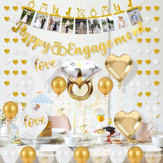 Engagement Party Decorations Gold - 29 Pc Engagement Decor Kit, Happy Engagement Banner, Ring Balloon, Photo Timeline, LOVE Heart Balloons - Just Engaged Proposal Bridal Shower Decor