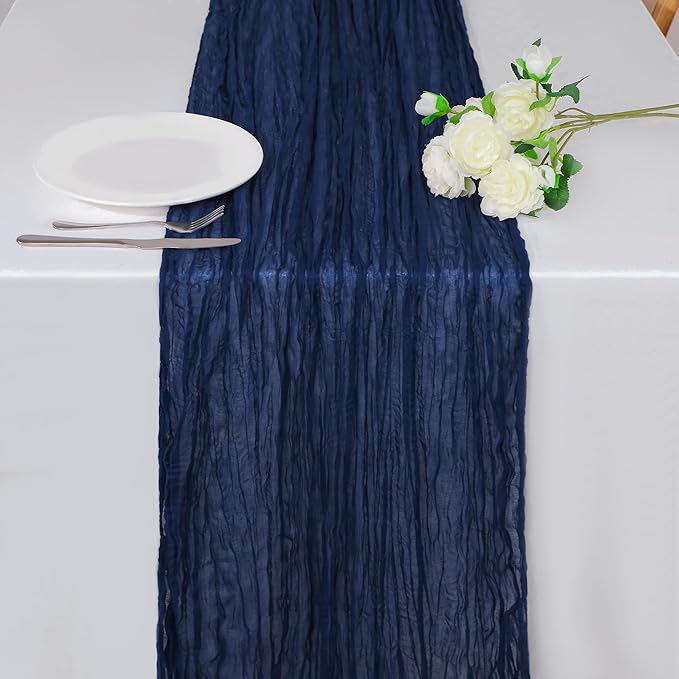 Snowkingdom 10 Ft Navy Blue Cheesecloth Table Runner, 120 inch Long Cheese Cloth Boho Gauze Runner for Christmas Wedding Bridal Baby Shower Birthday Holiday Party Sheer Table Decorations