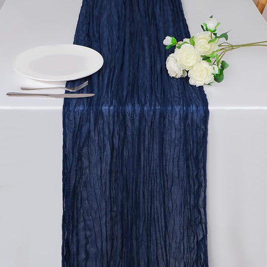 Snowkingdom 10 Ft Navy Blue Cheesecloth Table Runner, 120 inch Long Cheese Cloth Boho Gauze Runner for Christmas Wedding Bridal Baby Shower Birthday Holiday Party Sheer Table Decorations