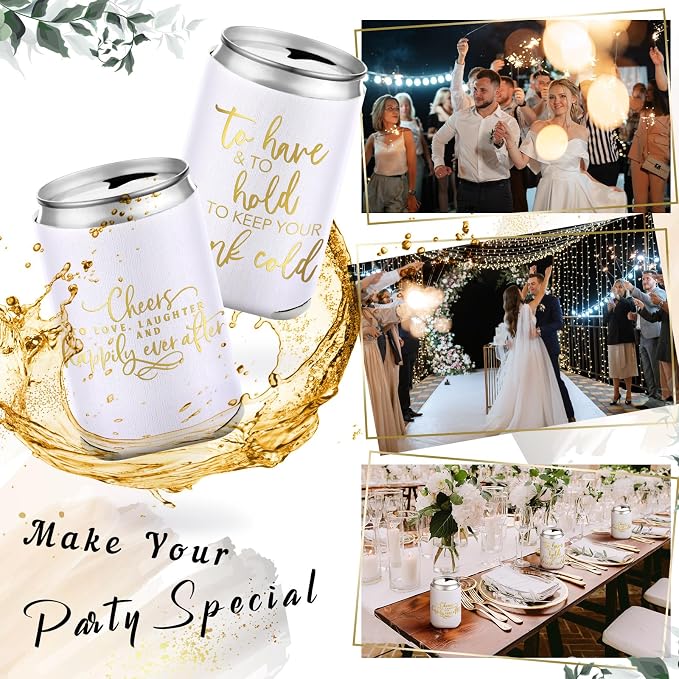 Qinyoung 50 Pieces White Wedding Can Cooler Sleeves Bulk Engagement Party Favors for Guests Beer Cooler Cheers to Love Laughter Happily Ever After Rehearsal Dinner Decorations for Wedding Bridal