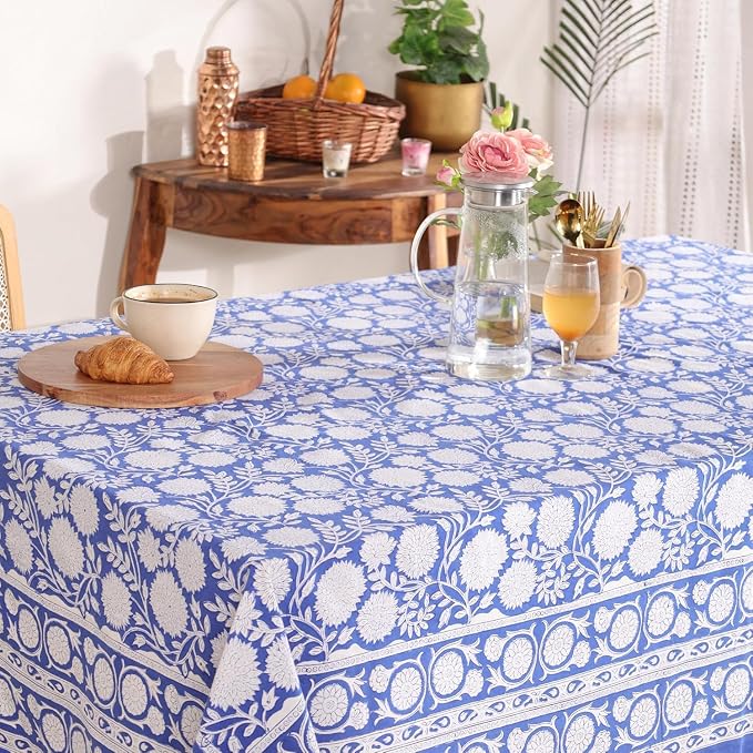 Hand Block Printed Tablecloth, Colorful Floral Print, Indian Artisan Handmade Art, Dining Room, Kitchen, Outdoor Décor, (Cloudy Blue Grace, 12 Seater 72 x 135 Inches Rectangle)