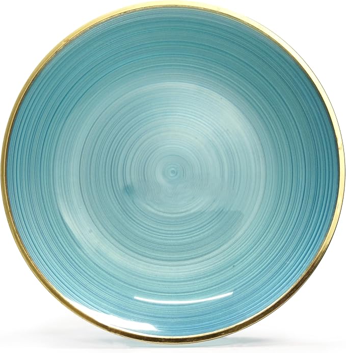 OCCASIONS 50 Plates (25 Guests) Disposable Plastic Plates, Heavy Duty Fancy China-Like Look Dinnerware Set for Wedding Party - 25x10'' Dinner+ 25x7'' Salad & Dessert - BPA Free, Belize in Blue & Gold