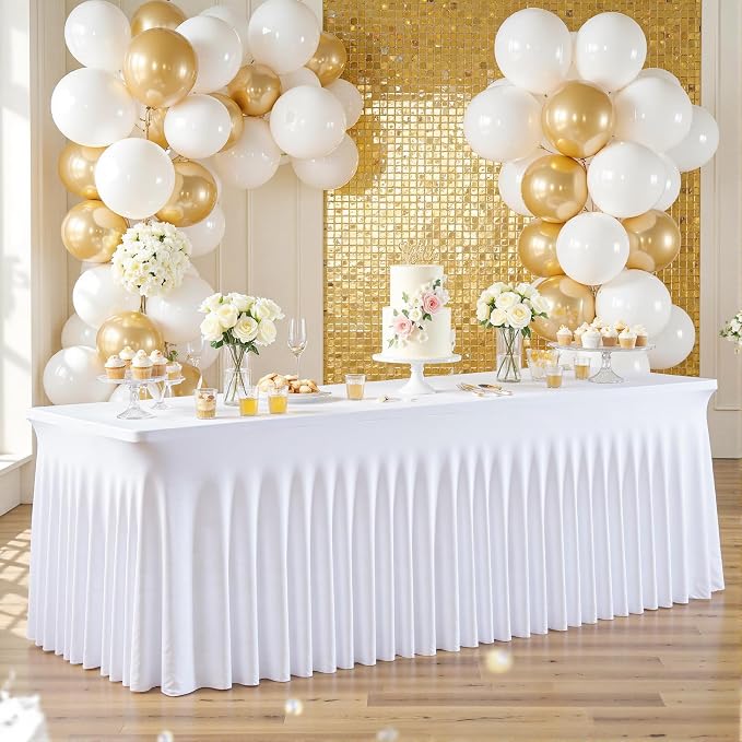 6 Pack White Table Cloth for 8 Foot Rectangle Tables Spandex Fitted Tablecloth 8ft Stretch Table Covers Skirt White Banquet Tablecloths Wrinkle Free Tablecloth for Party Wedding Birthday Event