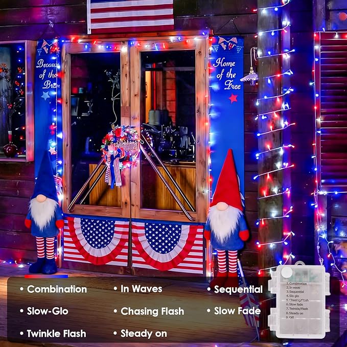 QITONG 2 Pack Red White and Blue Battery Operated Lights, Each 33ft 100 LED 4th of July String Lights Outdoor, Clear Wire Twinkle Light with Remote for Patriotic Independence Memorial Day Decor