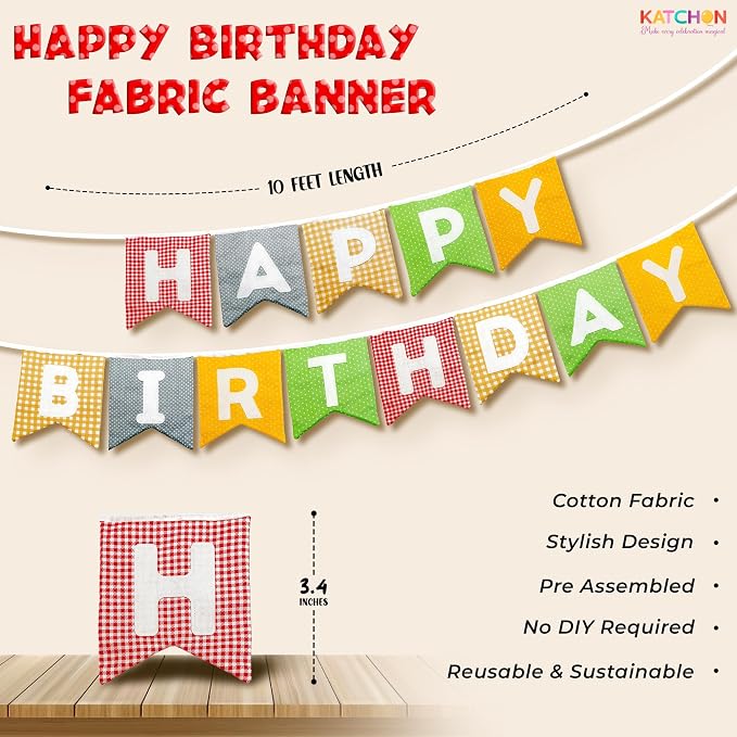 KatchOn, Colorfull Fabric Happy Birthday Banner – Pre-Strung, 10 Feet | Happy Birthday Sign for Birthday Party Decorations for Women, Men | Happy Birthday Sign Backdrop for Happy Birthday Decorations