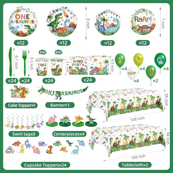 210 Pcs 1st Dinosaur Birthday Party Decorations Serves 24 ，First Rex Theme Dino Roar Party Supplies with Banner Hanging Plates Napkins Cups Forks Knives Tablecloth Topper Balloons for Boy Party
