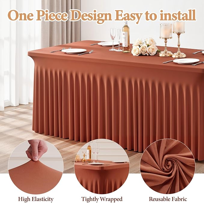 2 Packs Terracotta Spandex Table Cloths 4 Foot, Fitted Stretch Table Cover with Skirts 24x48 Inch, Wrinkle-Free Floor Length Tablecloths Rectangular for Weddings Parties Banquets Events Decorations