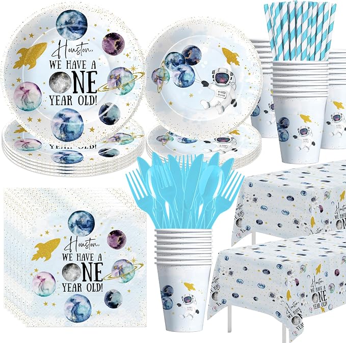 Outer Space First Birthday Party Supplies, Space 1st Birthday Decorations Tableware, Paper Plate, Cup, Napkin, Tablecloth, Cutlery, Houston We Have a One-Year-Old Party Supplies | Serve 24