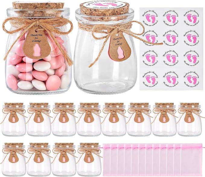12 Pcs Baby Shower Party Favors for Guests, Baby Shower Gifts for Guest, 3.4 oz Small Glass Mason Jars with Cork Lids, Stickers, Label Tags, Twine, Organza Bags, Mini Candy Jar Favors for Girls