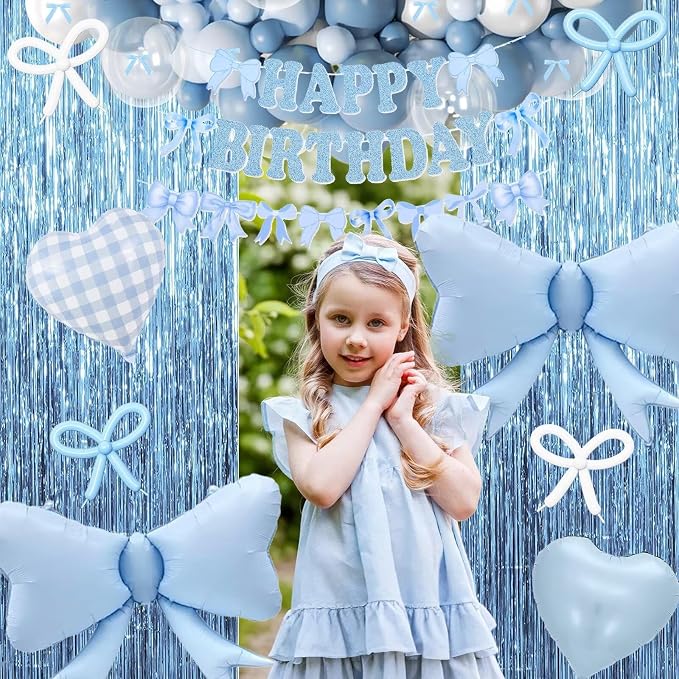 Dusty Blue Bow Birthday Decorations, Coquette Bow Blue White and Clear Balloons with Happy Birthday Banner Fringe Curtain Cake Toppers for Women Girls Baby Shower Party Supplies