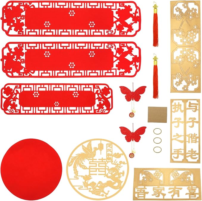 6Pcs Chinese Wedding Decoration Set, Double Happiness Couplets and Banners, Traditional Cultural Symbols for Bride and Groom (Dragon and Phoenix Symbolizing Auspiciousness)