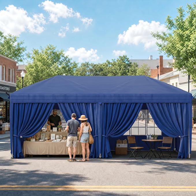 KIGOTY 10x20 FT Portable Pop Up Canopy Tent, Adjustable Height Instant Gazebo with Sidewalls, Sandbags, Waterproof Outdoor Canopy for Camping, Parties, Vendor Events (Blue, 3m × 6m with sidewalls)
