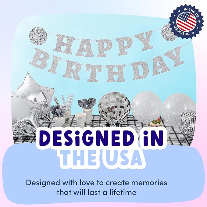 ecoZen Disco Birthday Decorations Set - Sparkly Themed Supplies with Disco Ball Decor, Iridescent Balloons, Tableware, Flatware, Cupcake Liners, Table Cover, Happy Birthday Banner, Party Favor Bags